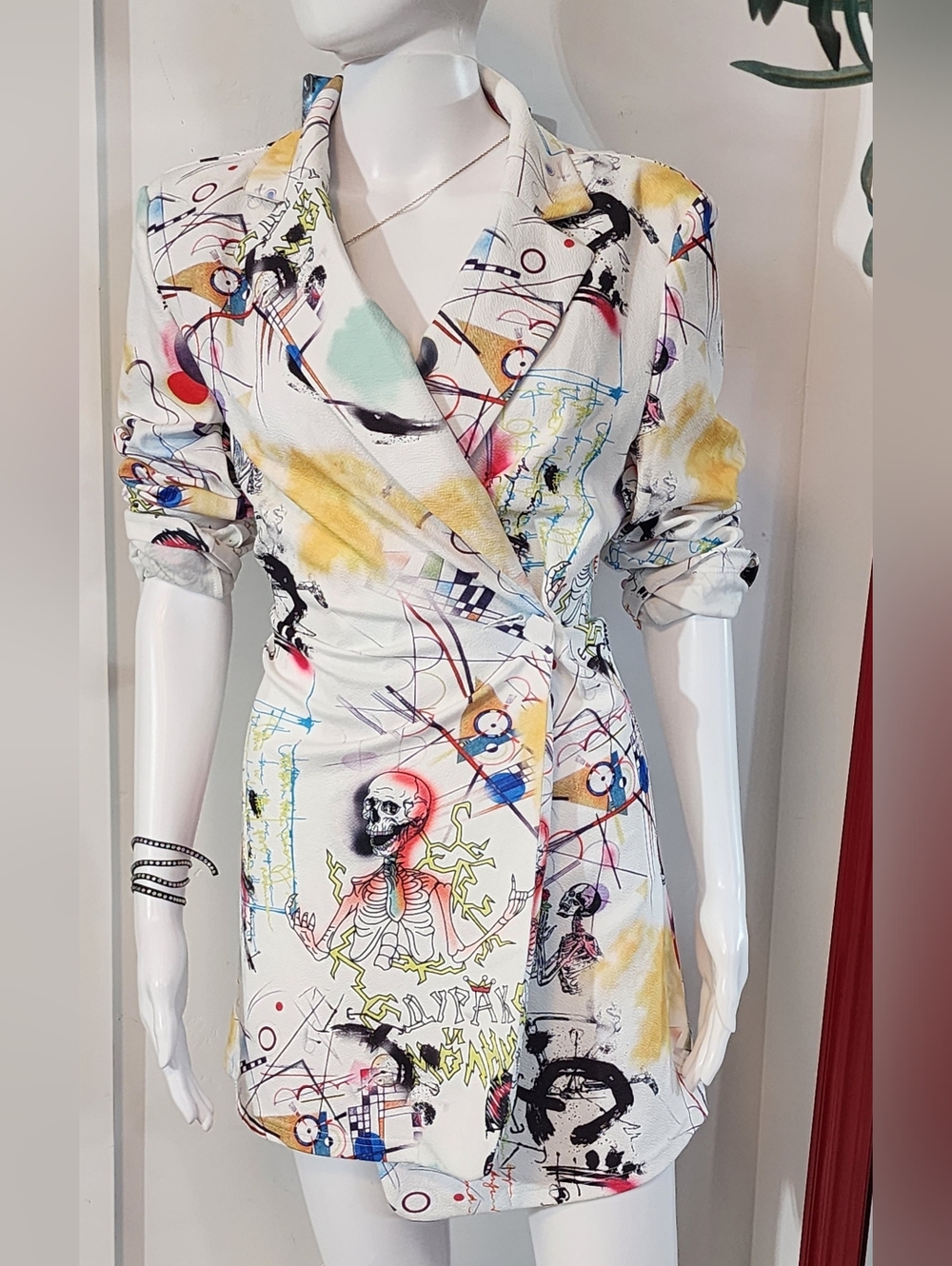 White Abstract Print Wrap Dress with Skeleton Detail